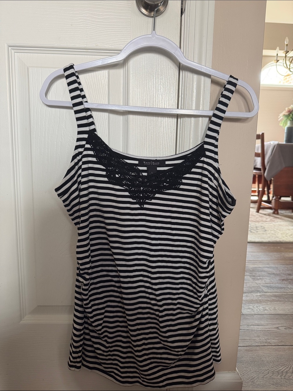 White House Black Market Black & White Striped Lace-Trim Tank